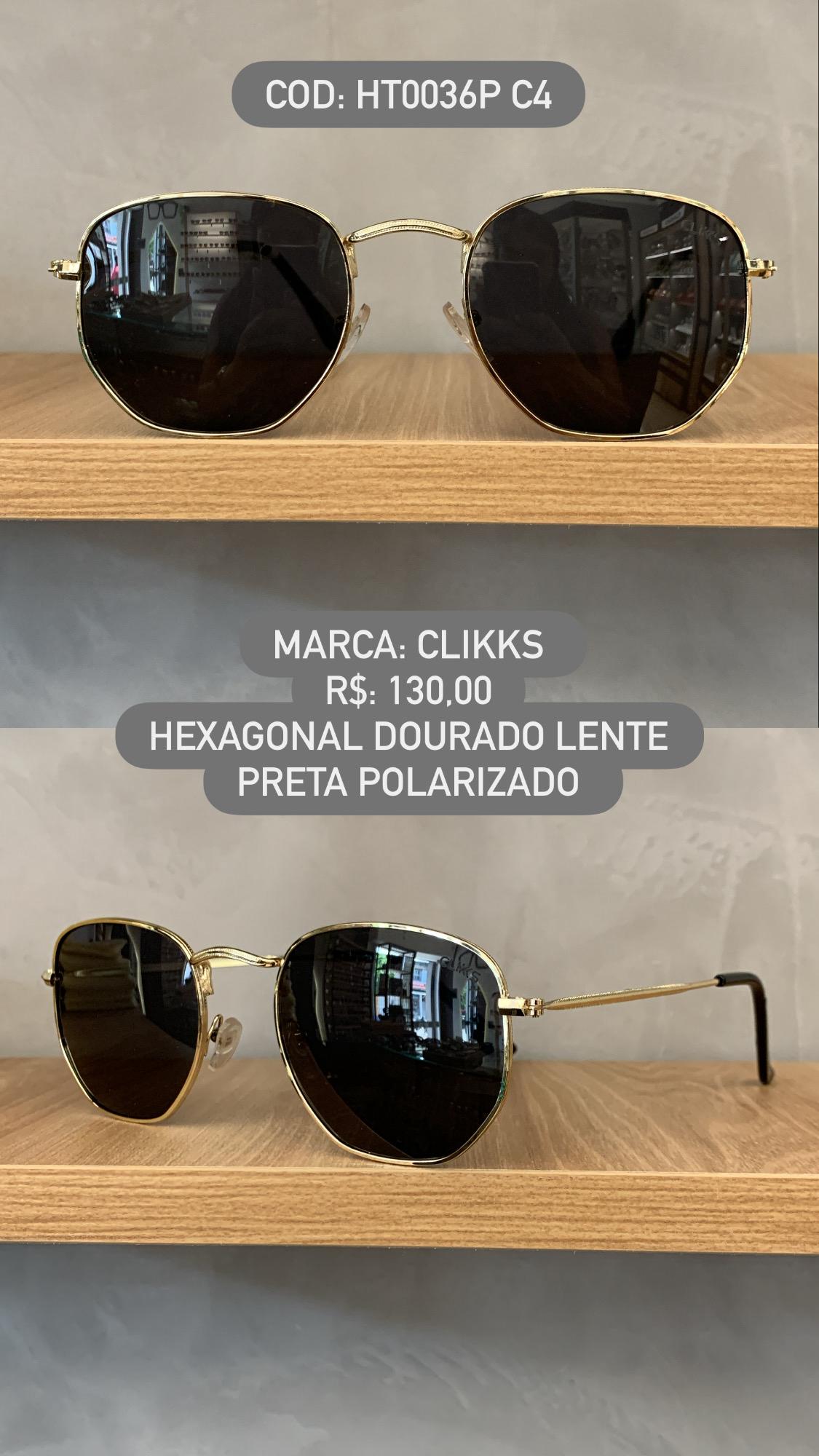 Óculos de Sol Clikks Hexagonal Dourado Clássico com Lente Preta Polarizado em Metal HT0036P C4