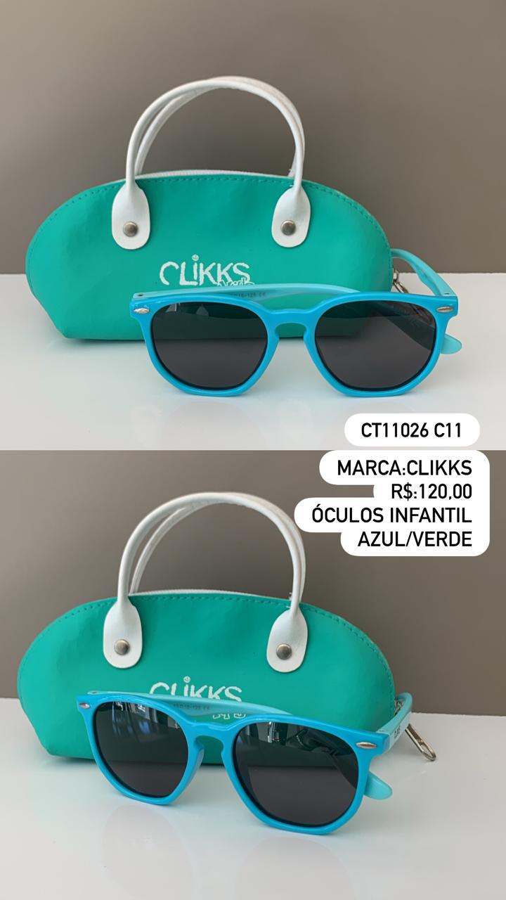 Óculos de Sol Clikks Infantil Azul e Verde Redondo Flexível Lente Preta em Acetato CT11026 C11