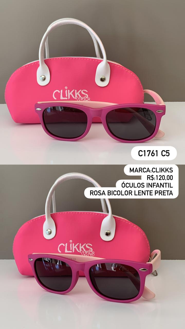 Óculos de Sol Clikks Infantil Feminino Rosa Bicolor Flexível Lente Preta em Acetato C1761 C5