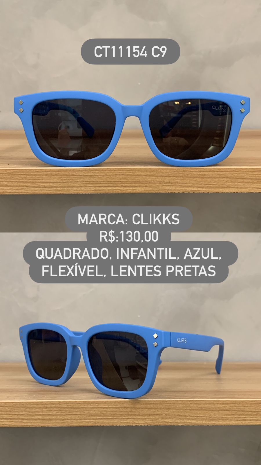 Óculos de Sol Clikks Infantil Masculino Azul Quadrado Lente Preta em Acetato CT11154 C9