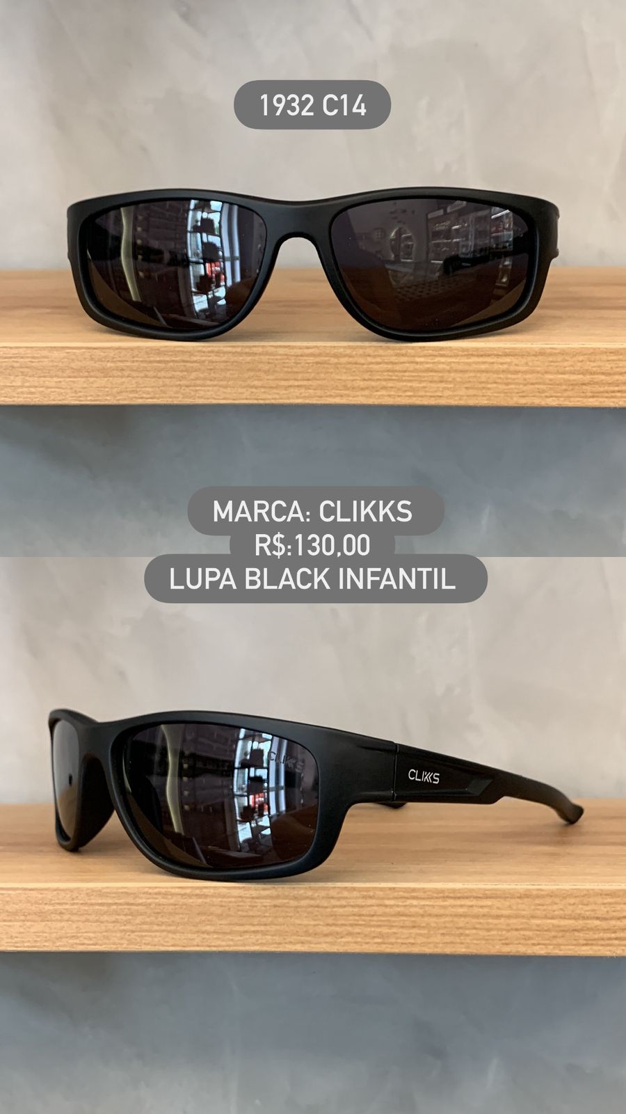 Óculos de Sol Clikks Infantil Masculino Lupa Preto Fosco Flexível em Acetato 1932 C14