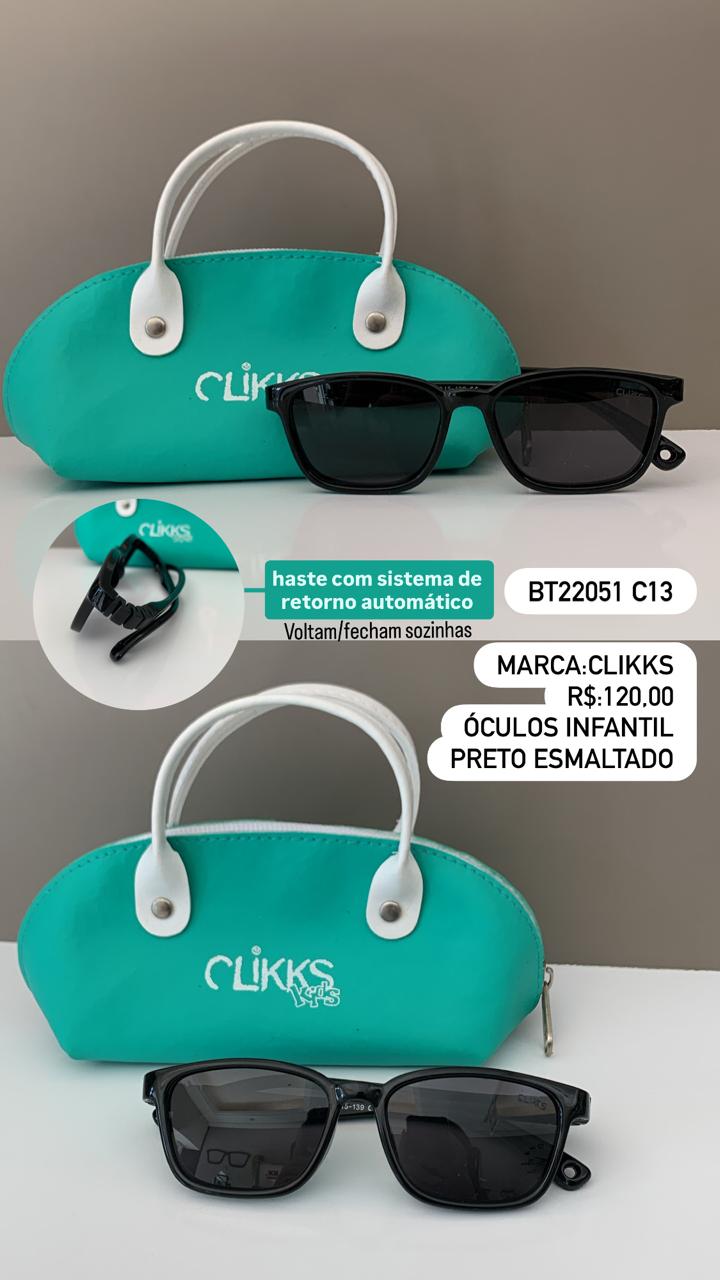 Óculos de Sol Clikks Infantil Preto Esmaltado Quadrado Haste Com Sistema de Retorno Automático Flexível Lente Preta em Acetato BT22051 C13