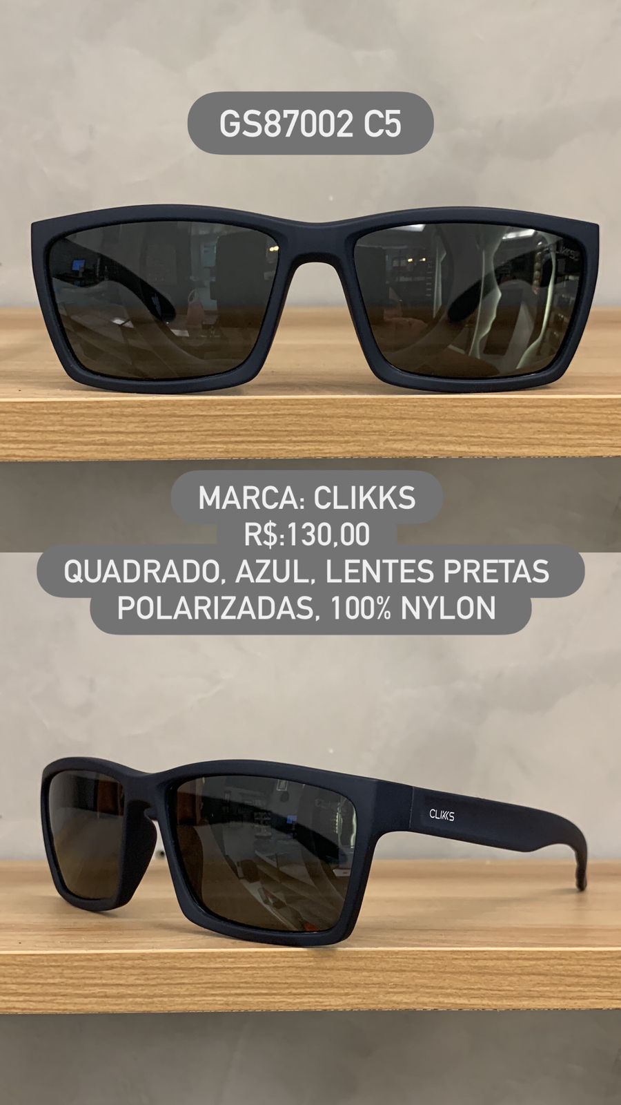 Óculos de Sol Clikks Masculino Azul Fosco Quadrado com Lente Preta Polarizado em Acetato 100% Nylon GS87002 C5