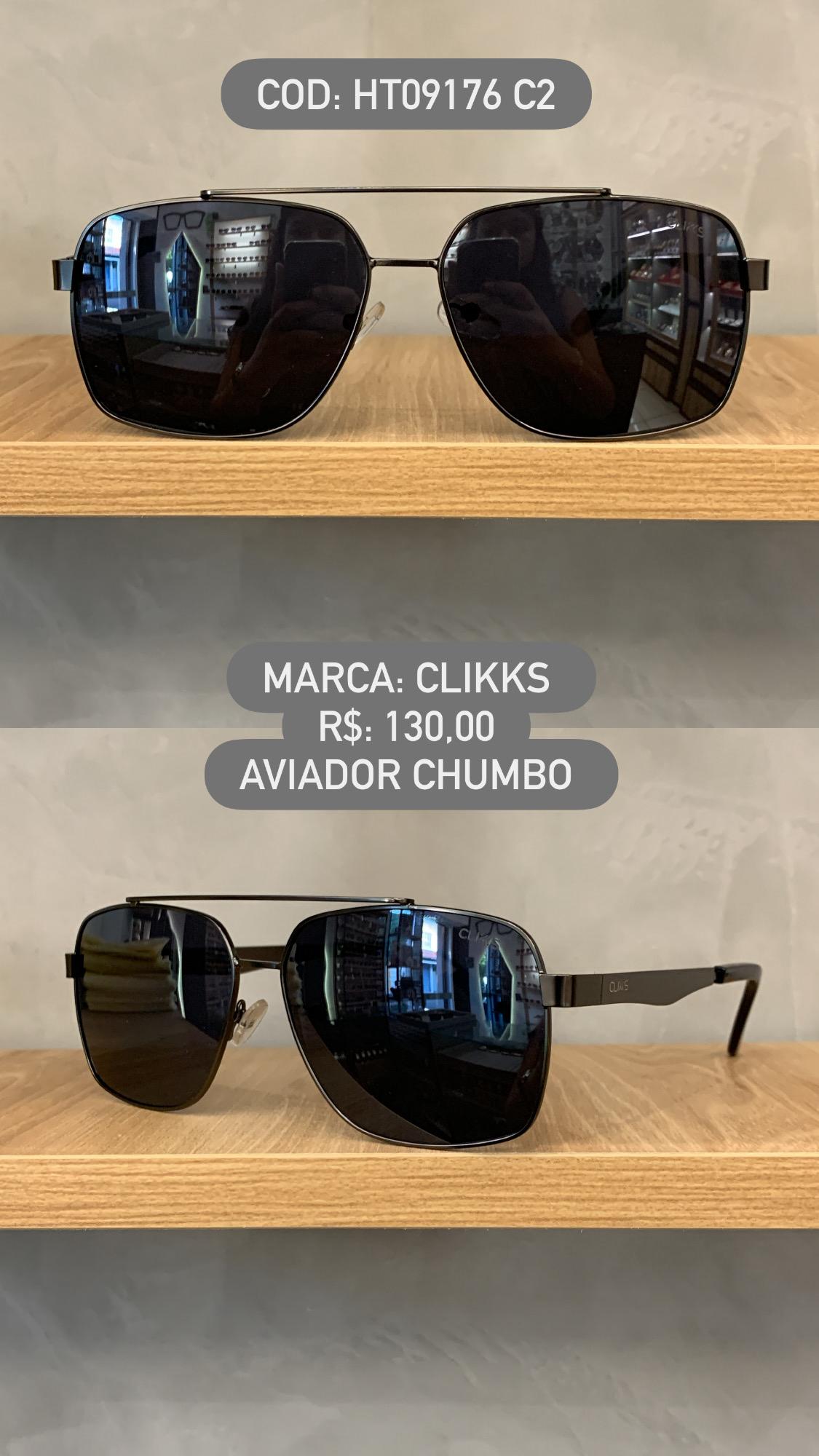 Óculos de Sol Clikks Masculino Chumbo Aviador com Ponte Alta e Lente Preta em Metal HT09176 C2