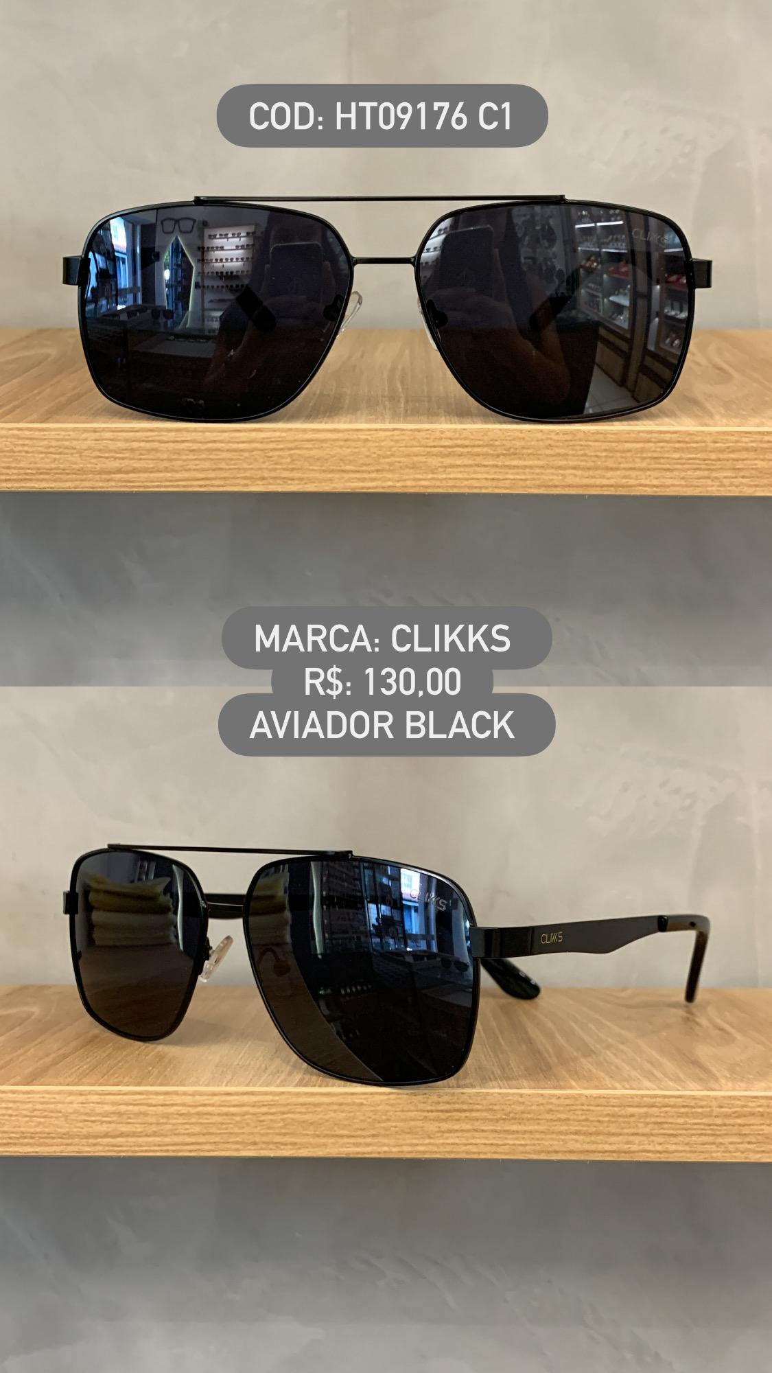 Óculos de Sol Clikks Masculino Preto Aviador com Ponte Alta e Lente Preta em Metal HT09176 C1