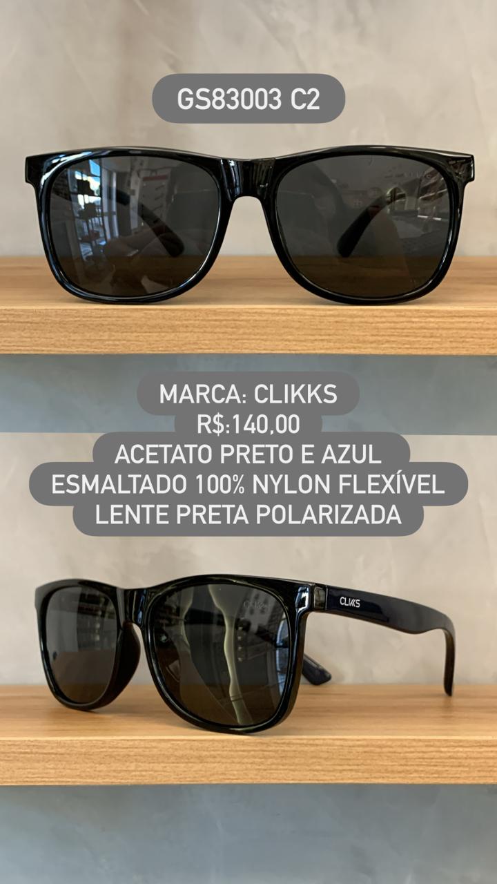 Óculos de Sol Clikks Masculino Preto e Azul Esmaltado 100% Nylon Flexível com Lente Preta Polarizada em Acetato GS83003 C2