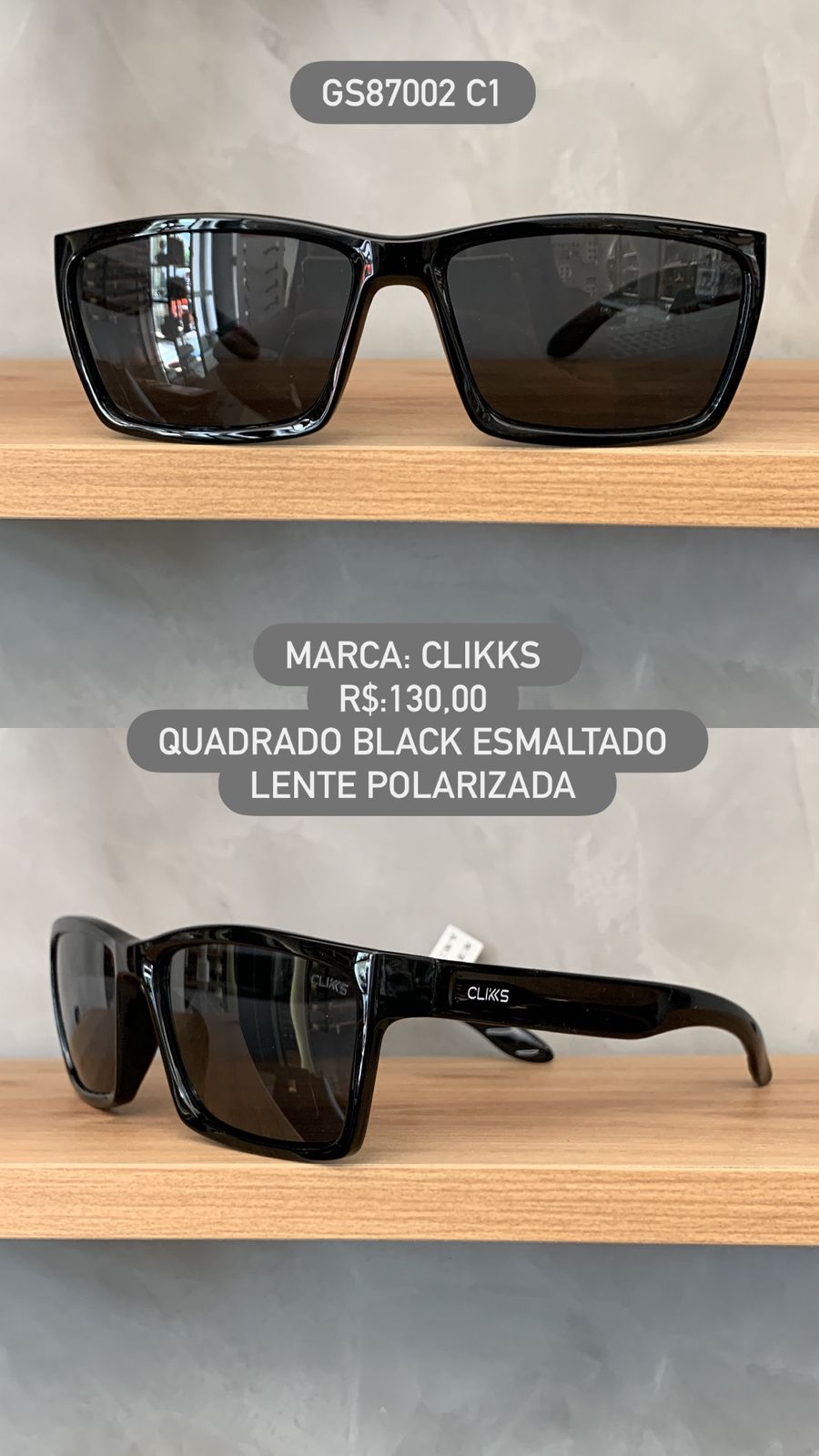 Óculos de Sol Clikks Masculino Preto Esmaltado Quadrado com Lente Preta Polarizado em Acetato GS87002 C1