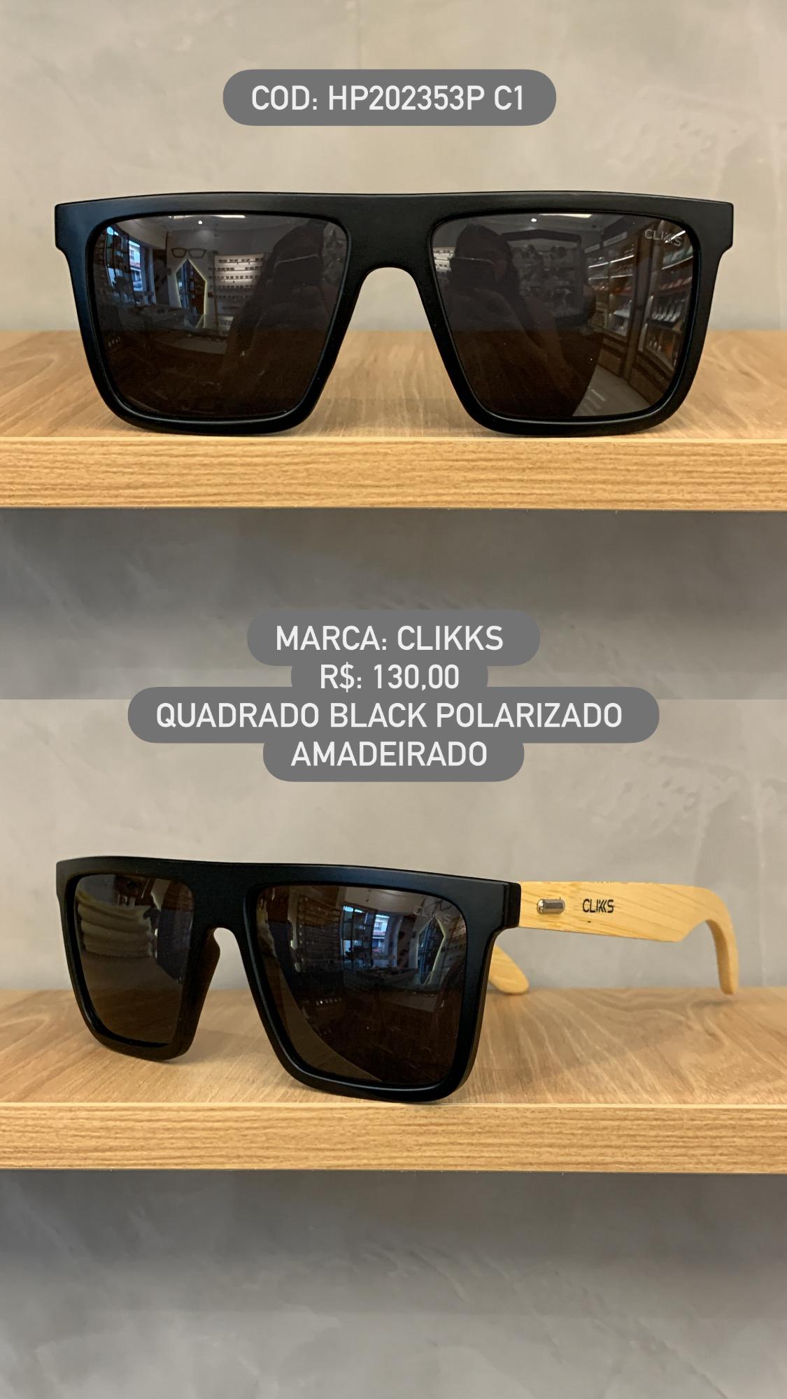 Óculos de Sol Clikks Masculino Preto Fosco Perna Amadeirada Quadrado Polarizado em Acetato HP202353P C1