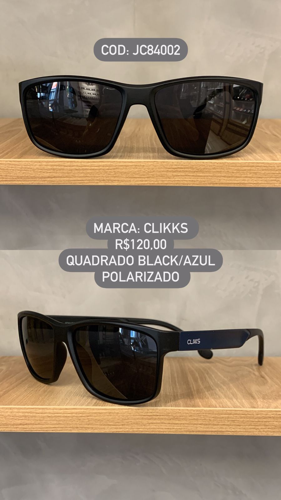 Óculos de Sol Clikks Masculino Preto Fosco Quadrado com Lente Preta Polarizado em Acetato  JC84002 C2