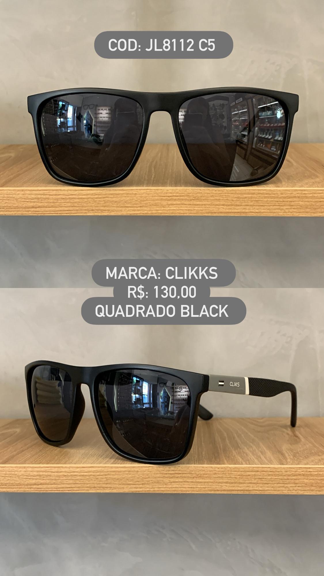 Óculos de Sol Clikks Masculino Preto Fosco Quadrado Detalhe Cinza e Branco na Perna com Lente Preta em Acetato JL8112 C5