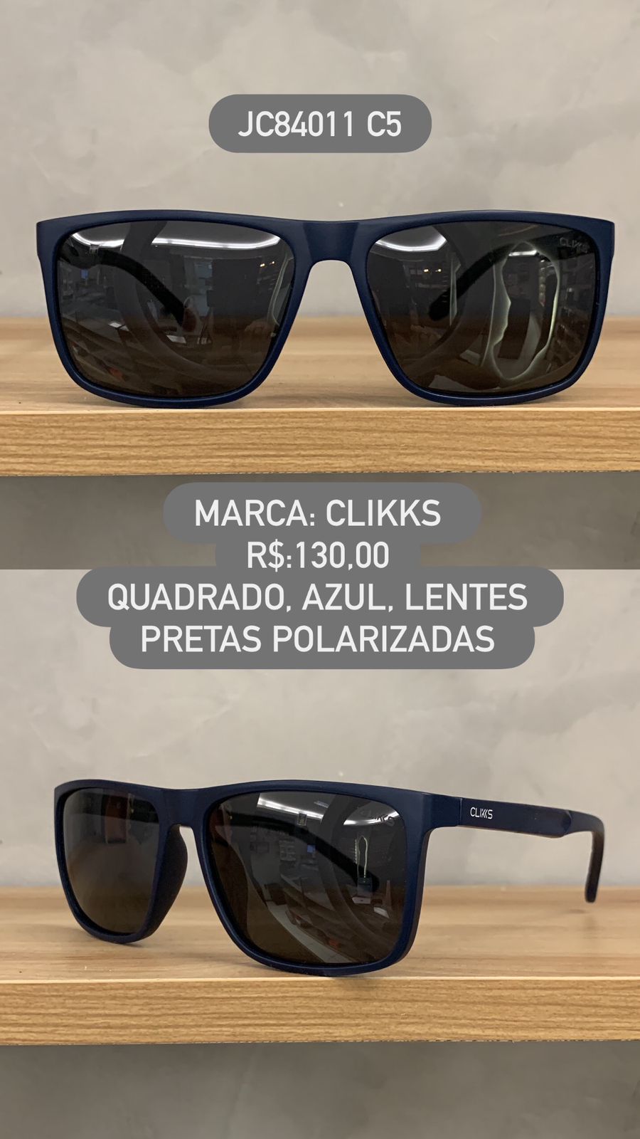 Óculos de Sol Clikks Masculino Quadrado Azul Lente Preta Polarizado em Acetato JC84011 C5