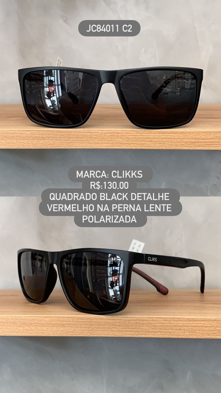 Óculos de Sol Clikks Masculino Quadrado Preto com Detalhe Vermelho Polarizado em Acetato JC84011 C2