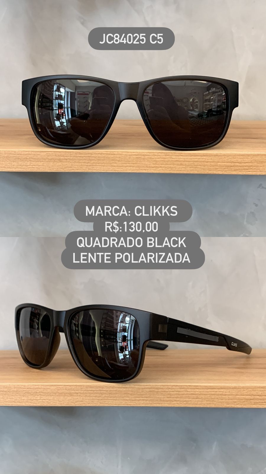 Óculos de Sol Clikks Masculino Quadrado Preto Polarizado em Acetato JC84025 C5