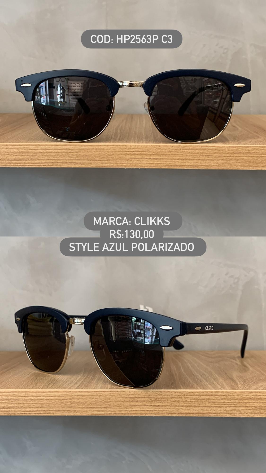 Óculos de Sol Clikks Redondo Azul e Prata com Lente Preta Polarizado em Metal e Acetato HP2563P C3