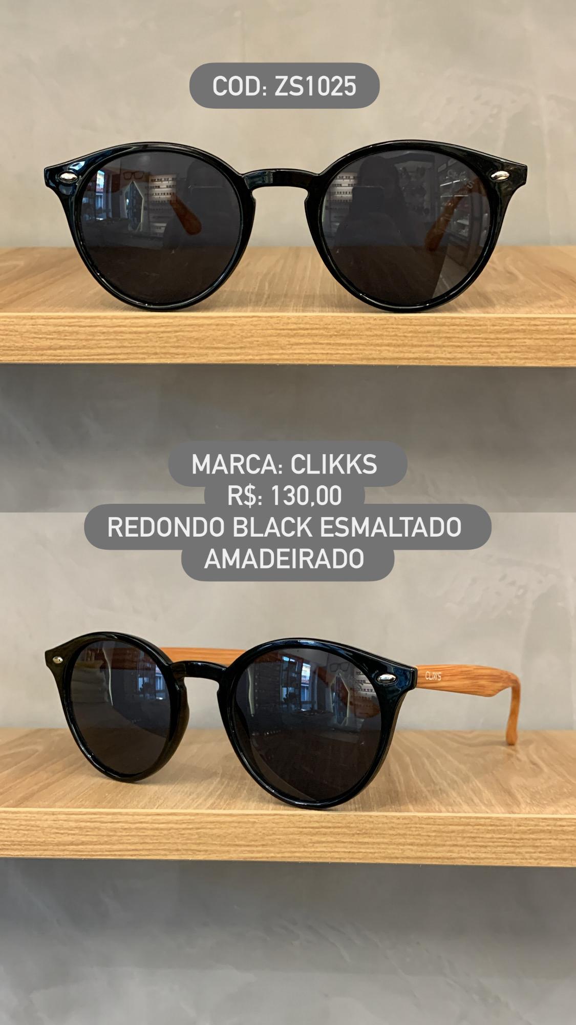 Óculos de Sol Clikks Redondo Preto Esmaltado Perna Amadeirada em Acetato ZS1025