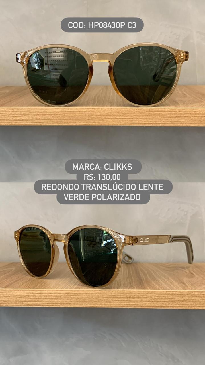 Óculos de Sol Clikks Translucido Redondo Detalhe Cinza na Perna com Lente Verde Polarizado em Acetato HP08430P C3
