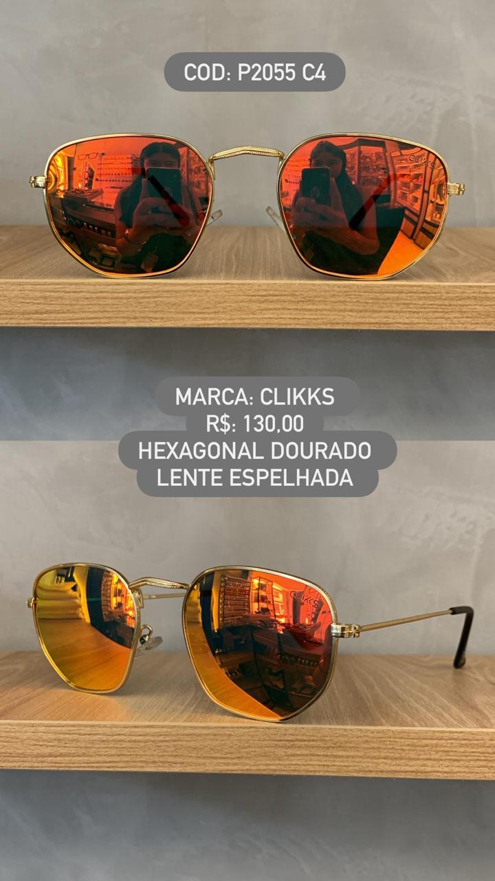 Óculos de Sol Clikks Unissex Dourado Hexagonal Clássico com Lente Espelhada em Metal P2055 C4