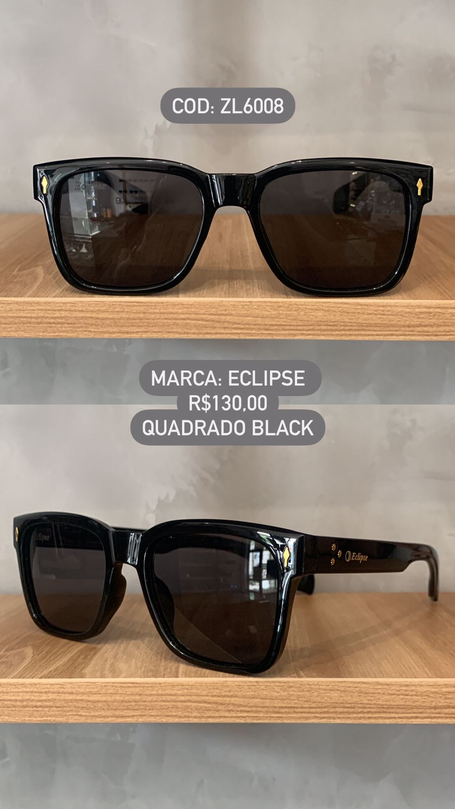 Óculos de Sol Eclipse Feminino Preto Esmaltado Quadrado com Detalhes de Estrelas Acetato ZL6008