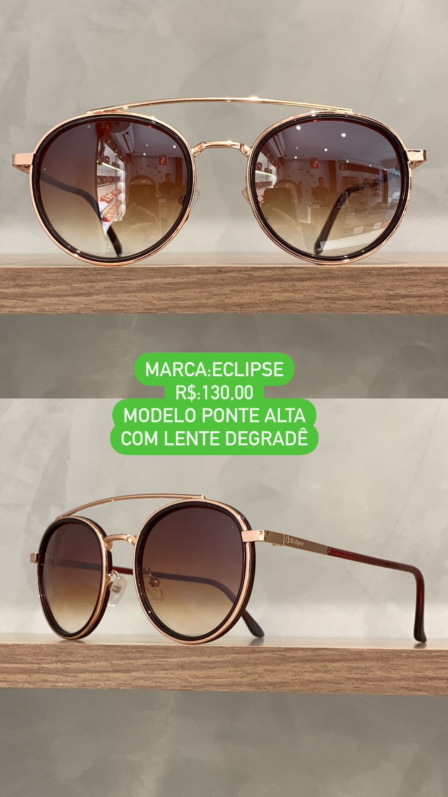Óculos de Sol Eclipse Feminino Rose Redondo com Ponte Alta Lente Degradê Metal 889 