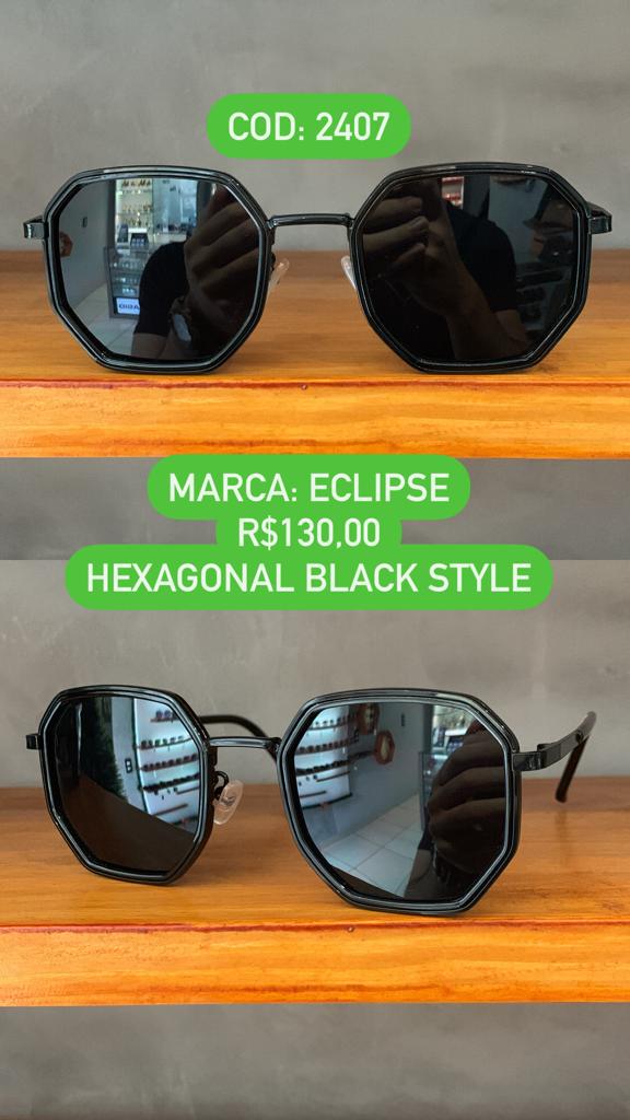 Óculos de sol Eclipse Preto Esmaltado Octagonal Lente Preta Metal  2407