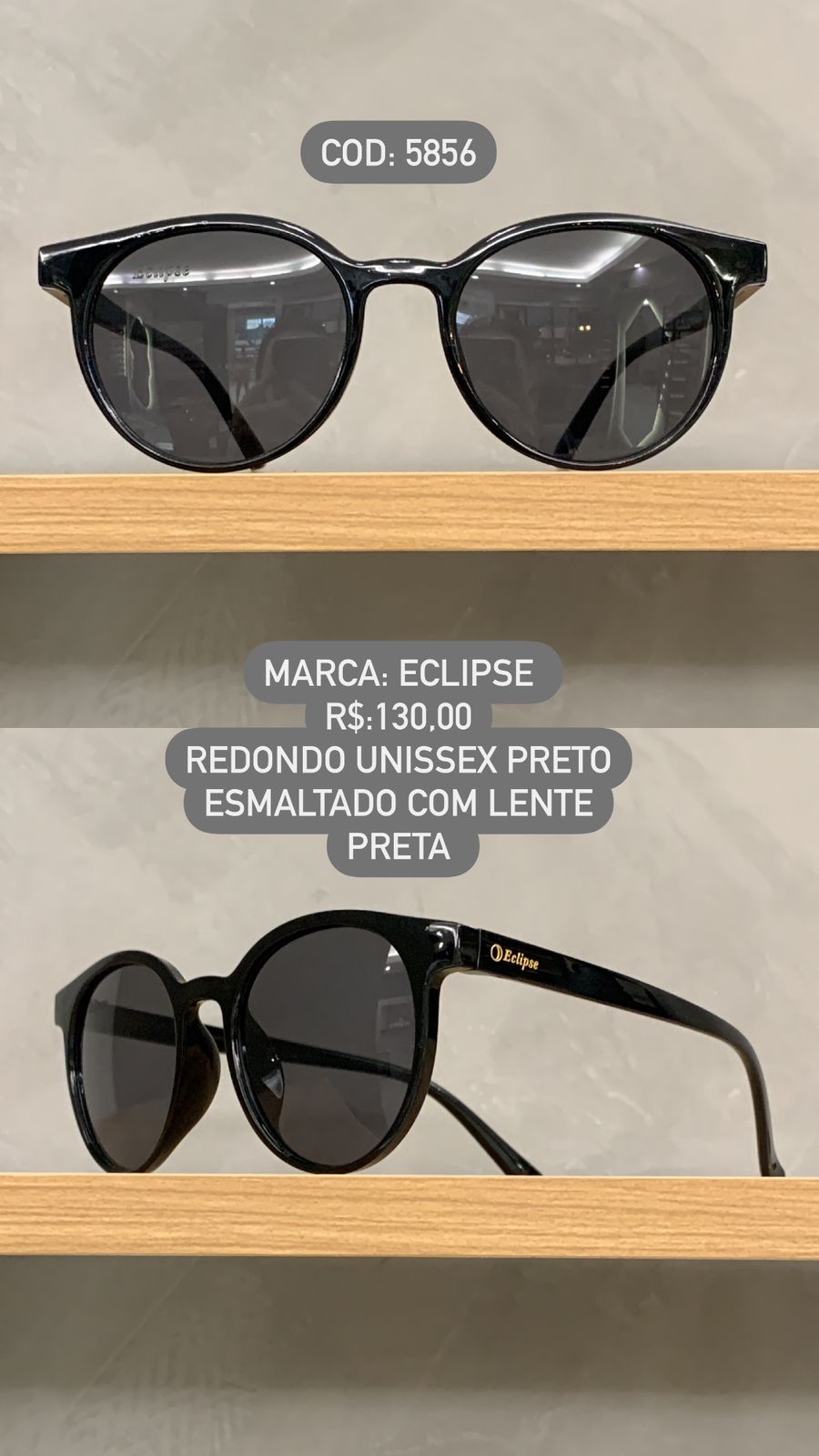 Óculos de Sol Eclipse Unissex Preto Esmaltado Redondo em Acetato 5856 