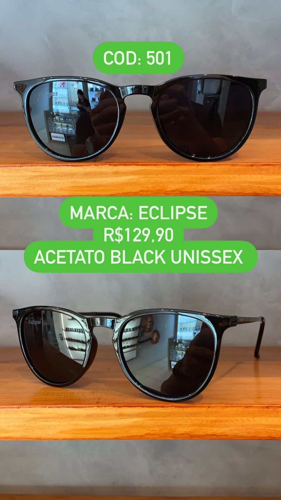 Óculos de Sol Feminino Arredondado Acetato/Metal Black e Chumbo Com Lentes Pretas Eclipse 501