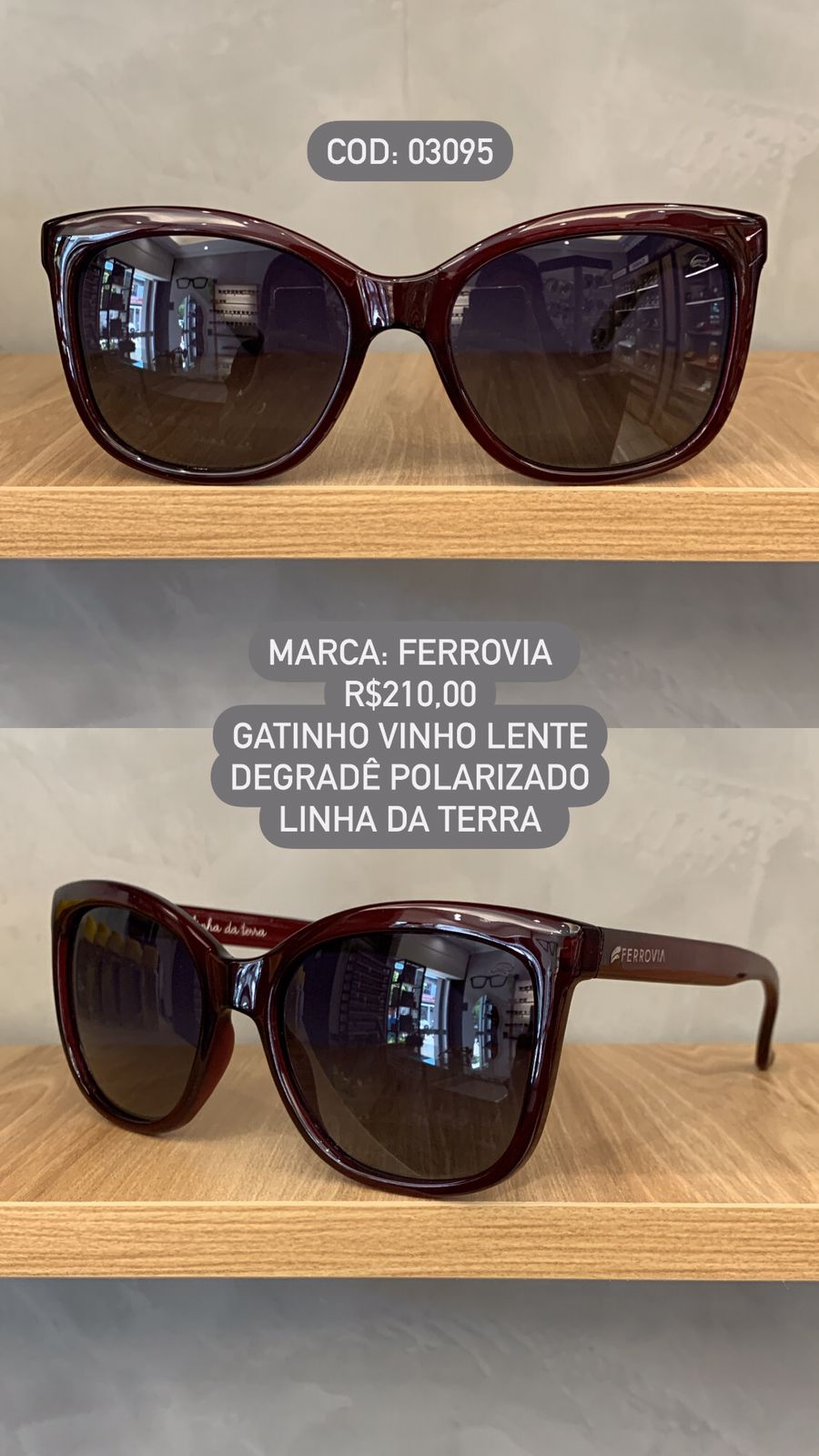 Óculos de Sol Ferrovia Feminino Vinho Esmaltado Gatinho com Lente Degrade Linha da Terra Feito a Mâo Polarizado em Acetato 03095