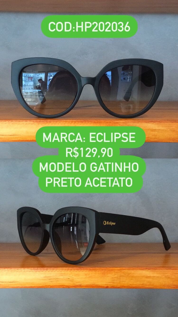 Óculos de Sol Feminino Gatinho Preto Acetato Lente Degradê Eclipse HP202036