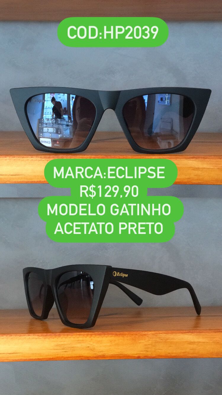 Óculos de Sol Feminino Gatinho Preto Acetato Lente Degradê Eclipse HP2039