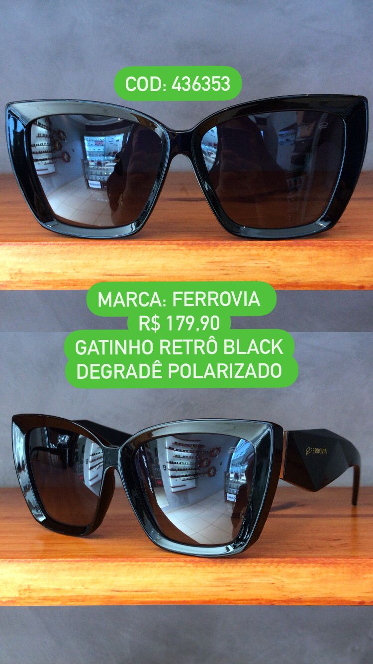 Óculos de Sol Feminino Gatinho Retrô Preto Degradê Polarizado em Acetato Ferrovia 436353