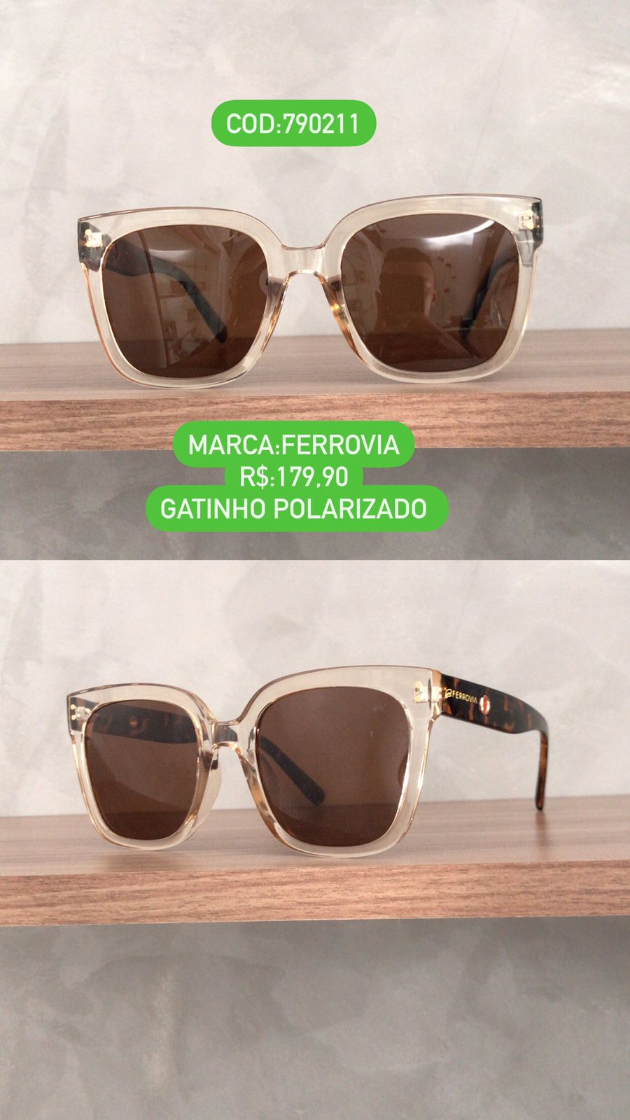 Óculos de Sol Feminino Gatinho Translúcido Polarizado Rajado em Acetato Lente Marrom Ferrovia 790211