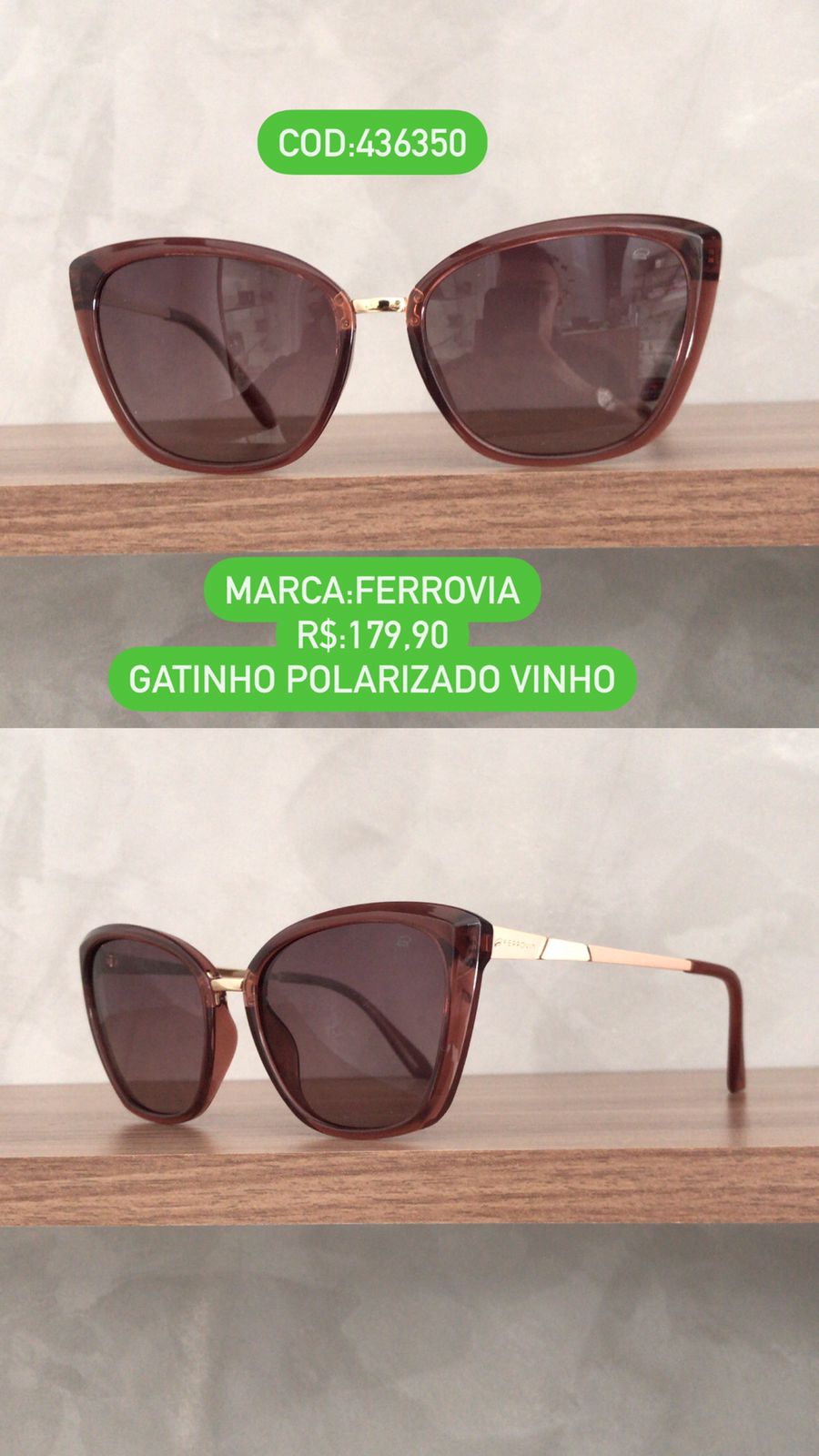 Óculos de Sol Feminino Gatinho Vinho Polarizado Acetato e Metal Ferrovia 436350