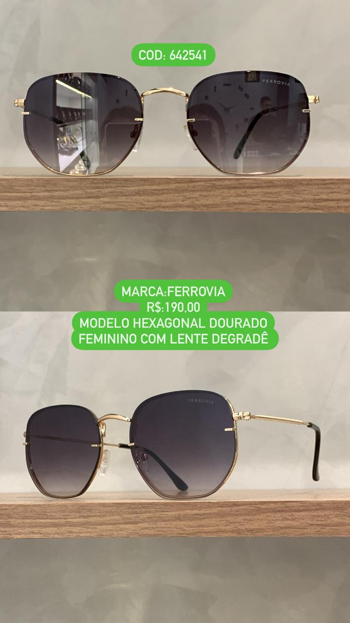 Óculos de Sol Ferrovia Feminino Dourado Hexagonal com Lente Degradê Metal 642541