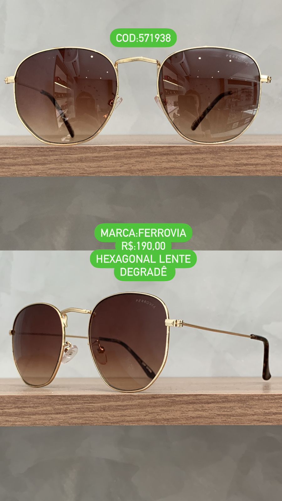 Óculos de Sol  Hexagonal Dourado com Lente Degrade Metal Ferrovia 571938 