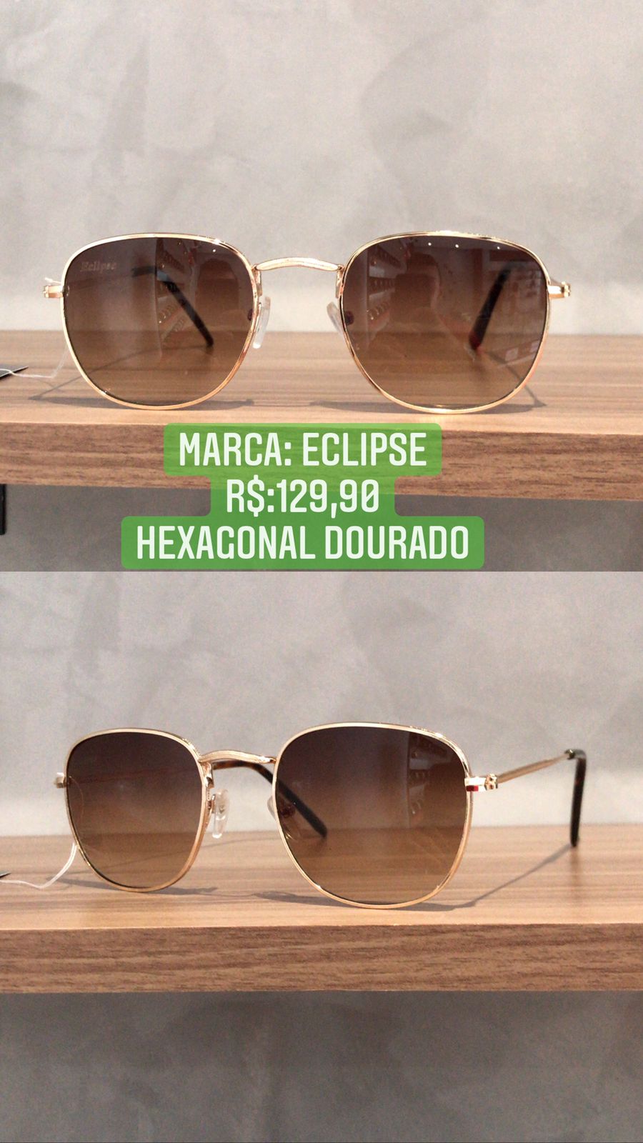 Óculos de Sol Feminino Hexagonal Dourado Metal Lente Marrom Eclipse HT0036