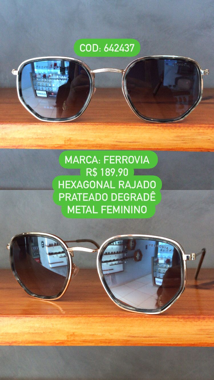 Óculos de Sol Feminino Hexagonal Prateado e Rajado Com Lente Degrade Ferrovia 642437