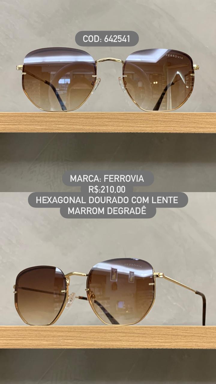 Óculos de Sol Feminino Dourado Hexagonal Ferrovia Lente Marrom Degrade 642541