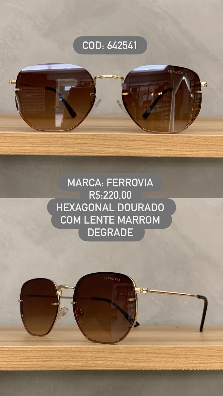 Óculos de Sol Feminino Dourado Hexagonal Ferrovia Lente Marrom Degrade 642541