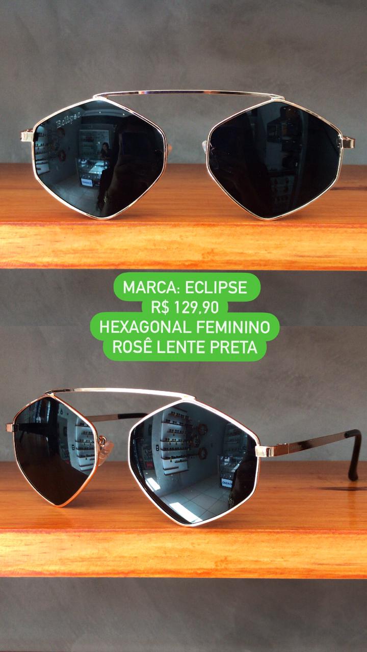 Óculos de Sol Eclipse Feminino Hexagonal Rosê com Lente Preta 