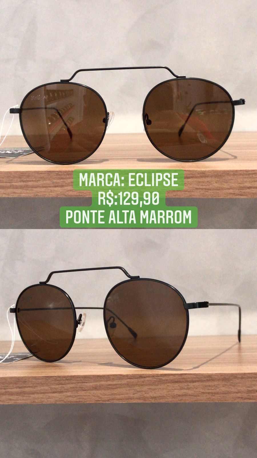 Óculos de Sol Feminino Metal Redondo Com Ponte Alta Lente Marrom Eclipse HT0992-C1