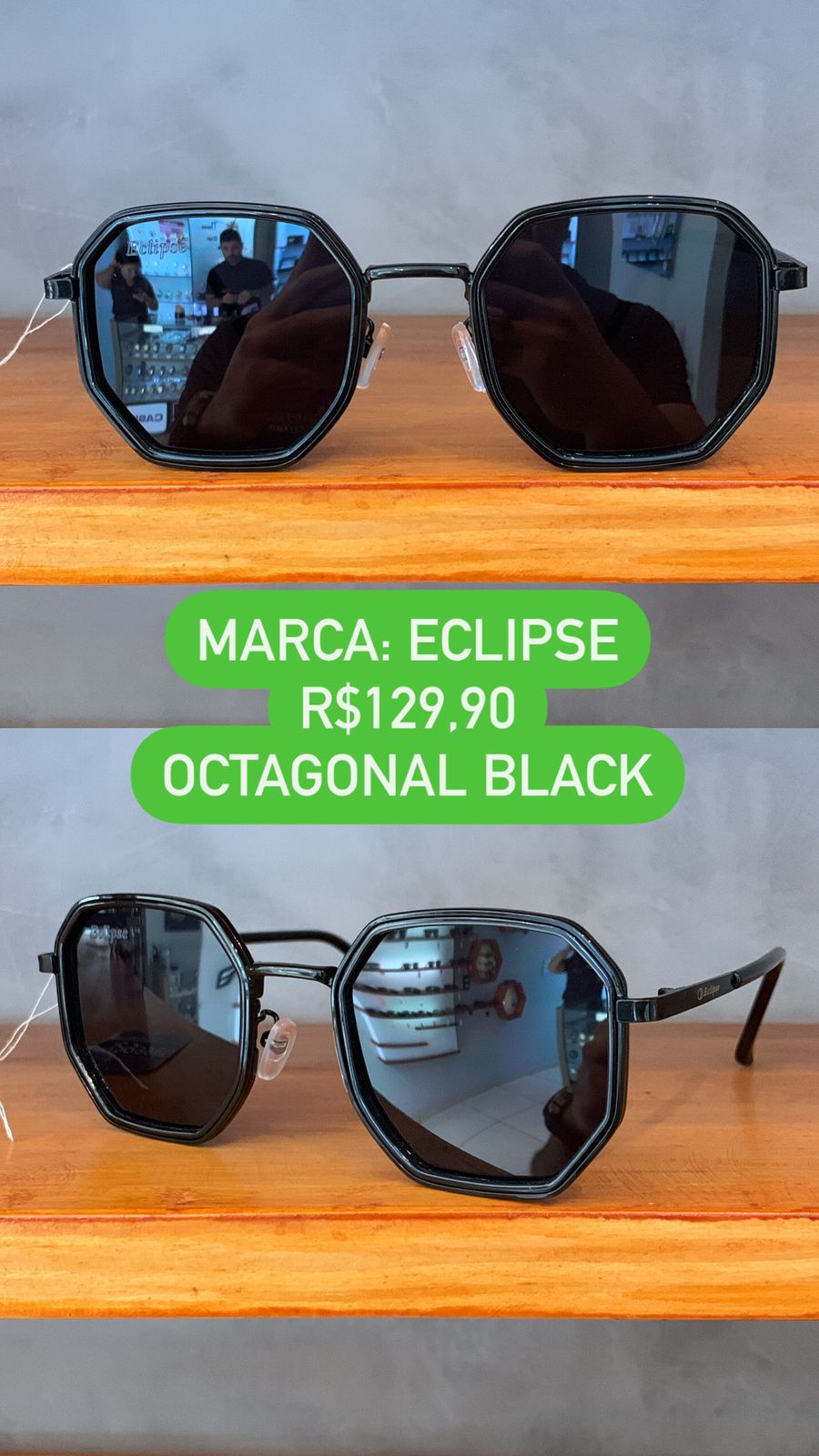 Óculos de Sol Feminino Octagonal Preto Metal Lente Preta Eclipse UV400