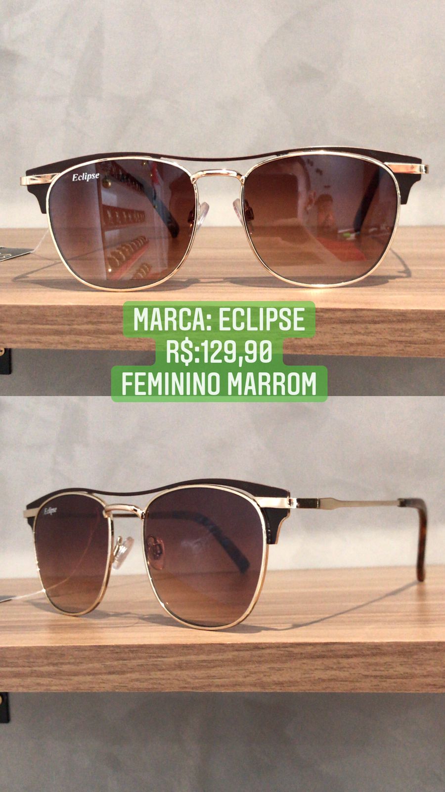 Óculos De Sol Feminino Quadrado Marrom Com Lente Degradê Metal Eclipse HT3390