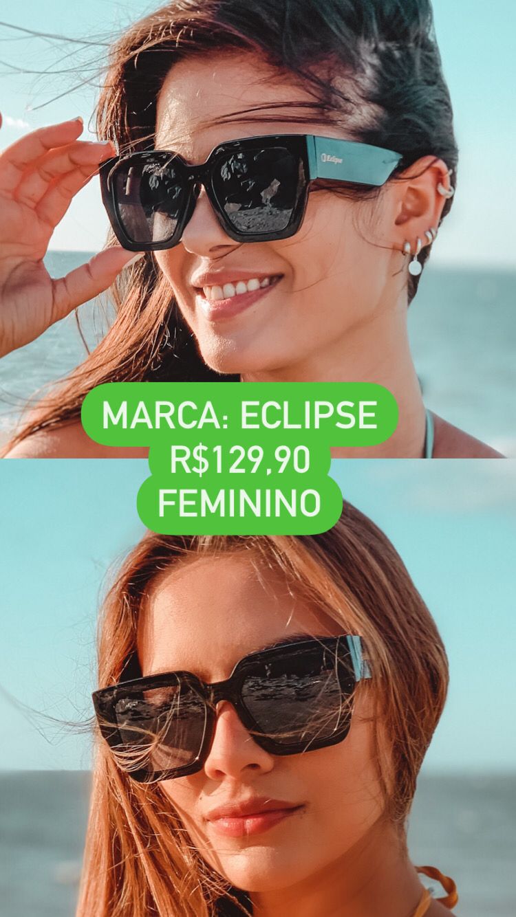 Óculos de Sol Feminino Quadrado Preto Acetato Lente Preta Eclipse HP202031  - Imperial Relógios