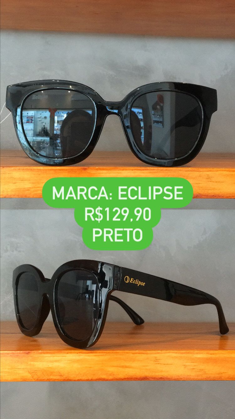 Óculos de Sol Feminino Quadrado Preto Acetato Lente Preta Eclipse T10032