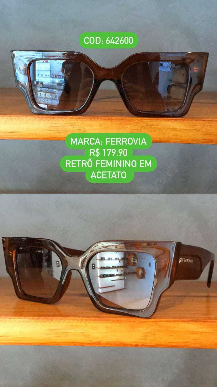 Óculos de Sol Feminino Retrô Gatinho em Acetato Marrom Ferrovia 642600