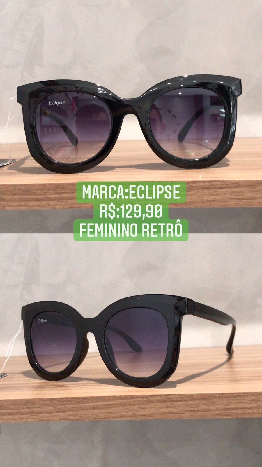 Óculos de Sol Feminino Quadrado Acetato Preto Lente Preta Eclipse HP212628  C2 - Imperial Relógios