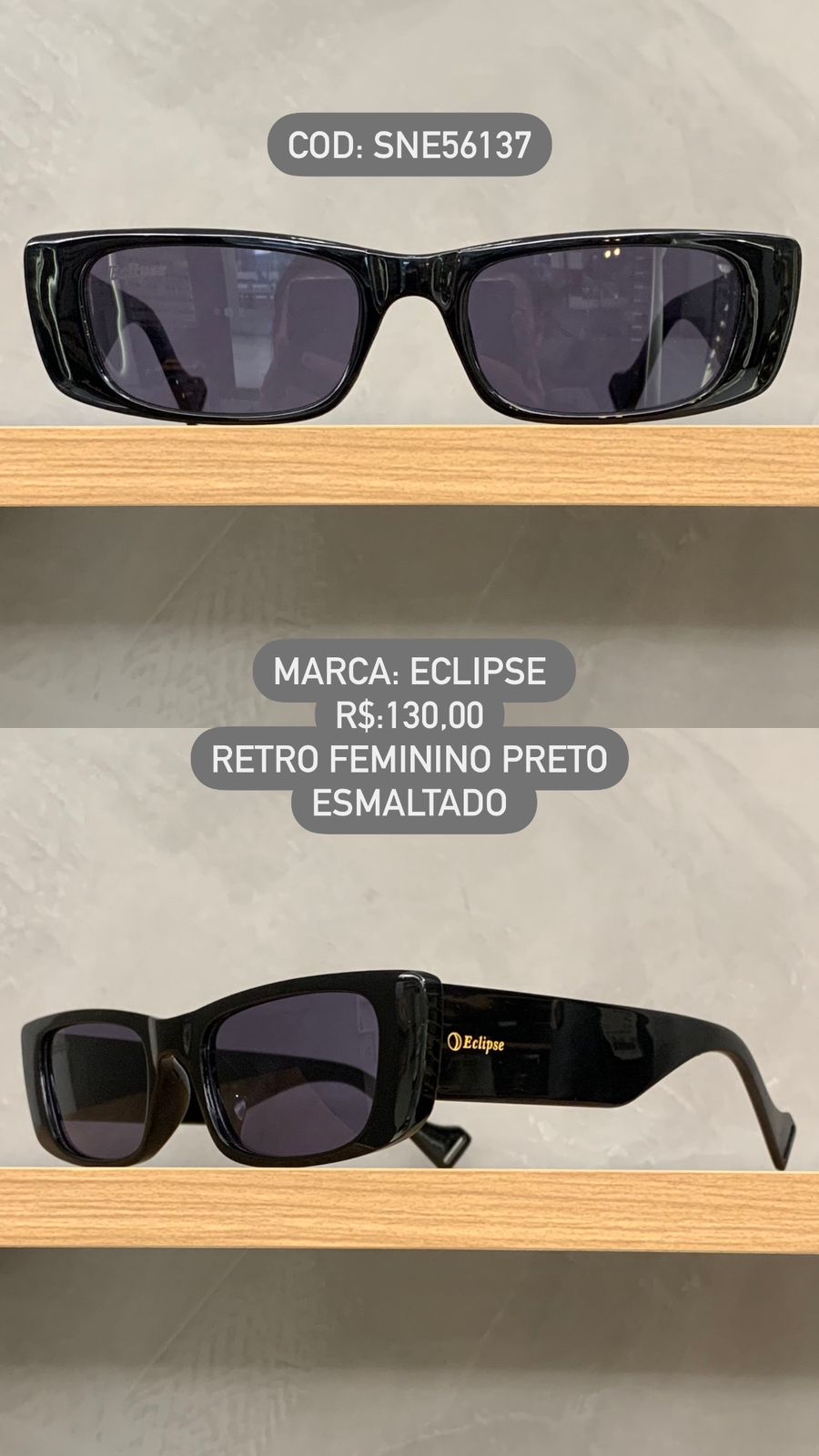 Óculos de Sol Eclipse Feminino Preto Esmaltado Retro em Acetato com lente Preta SNE56137