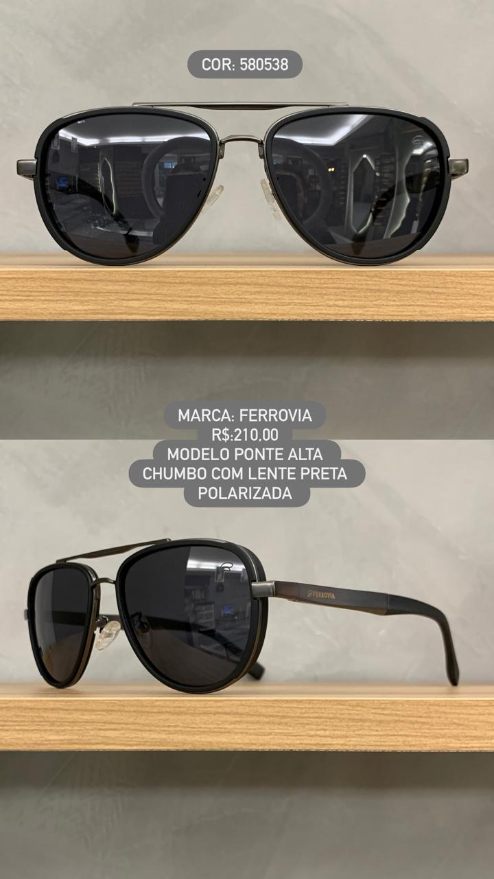 Óculos de Sol Ferrovia Aviador Chumbo com Ponte Alta Lente Preta Polarizada em Metal 580538