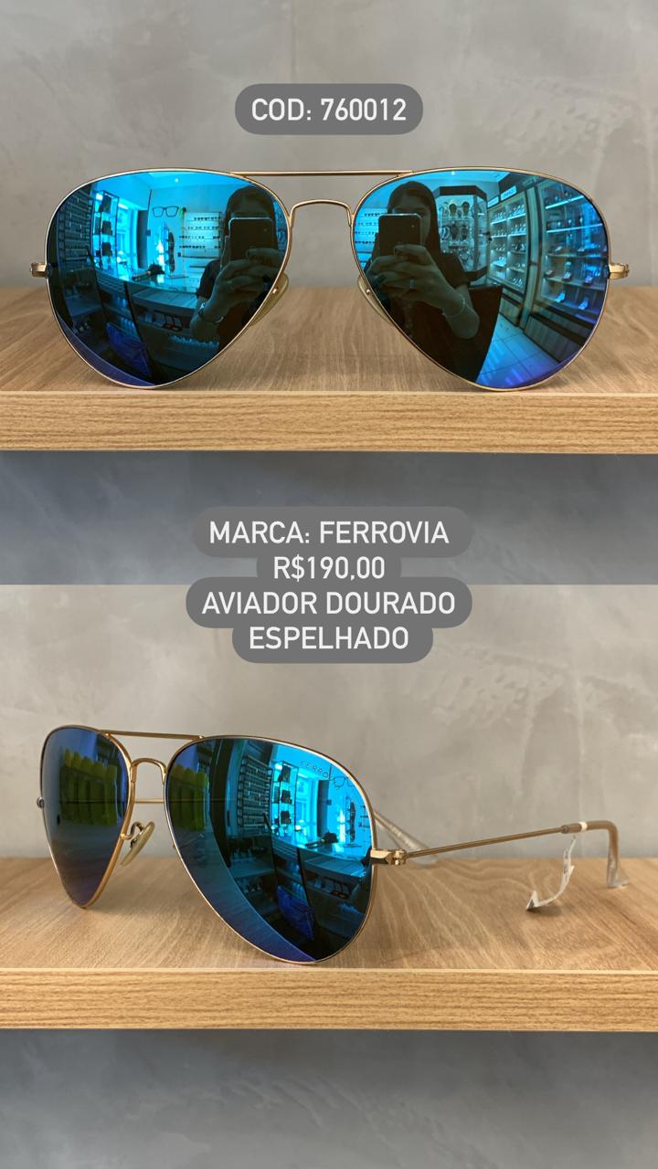 Óculos de Sol Ferrovia Dourado Esmaltado Aviador Lente Espelhada com Ponte Alta Metal 760012