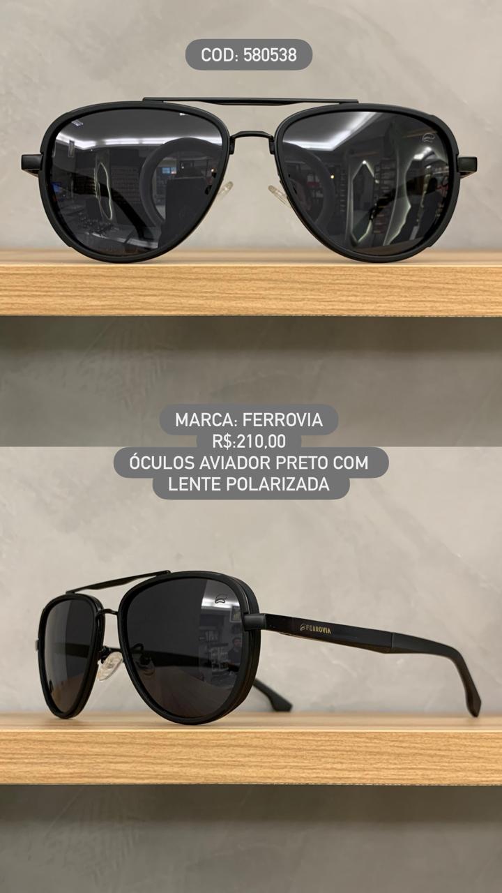 Óculos de Sol Ferrovia Aviador Preto Fosco com Ponte Alta Lente Preta Polarizada em Metal 580538